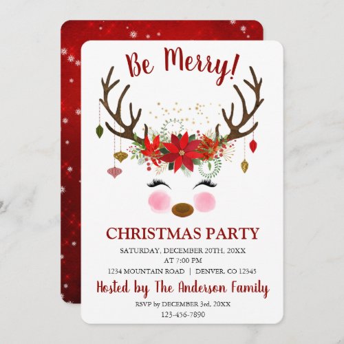 Cute Reindeer Christmas Holiday Dinner Party Invitation