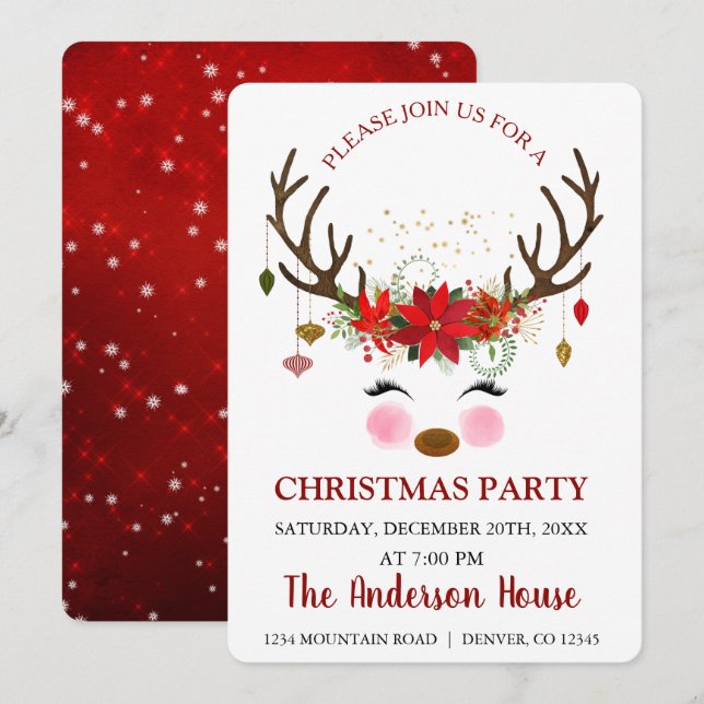 Cute Reindeer Christmas Holiday Dinner Party Invitation (Front/Back)