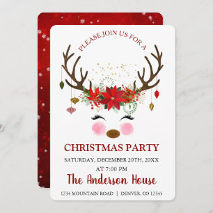 Cute Reindeer Christmas Holiday Dinner Party Invitation