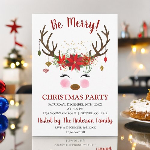 Cute Reindeer Christmas Holiday Dinner Party Invitation