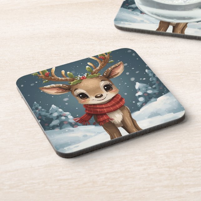 Cute reindeer christmas holiday tables beverage coaster (Left Side)