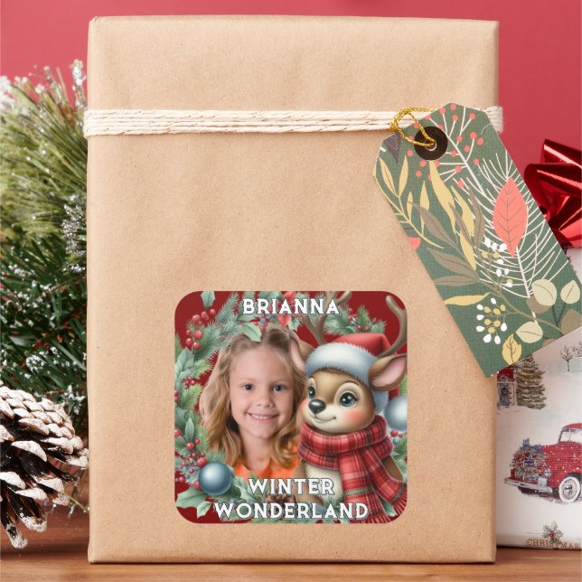 Cute Reindeer Christmas Holiday Wreath  Square Sticker (Holiday)