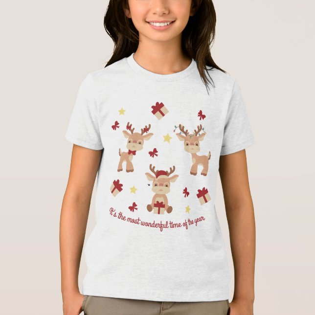 Cute Reindeer Christmas Holidays Modern Kids Tri-Blend Shirt (Front)