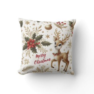 Cute reindeer, christmas holly, poinsettias throw pillow