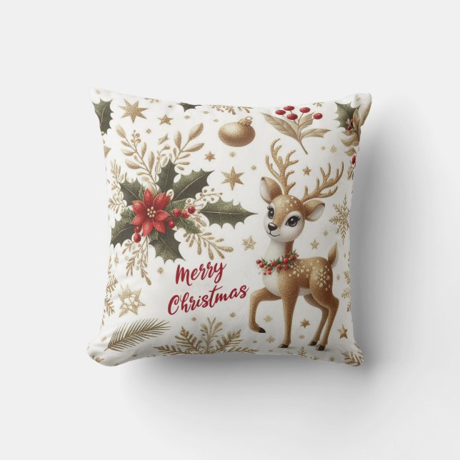 Cute reindeer, christmas holly, poinsettias throw pillow (Front)
