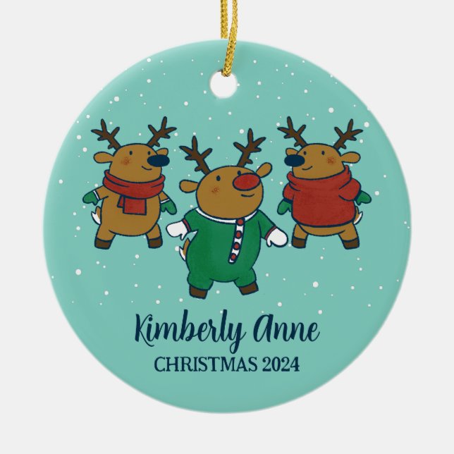 Cute Reindeer Christmas Joy Snowy Winter Holiday Ceramic Ornament (Front)
