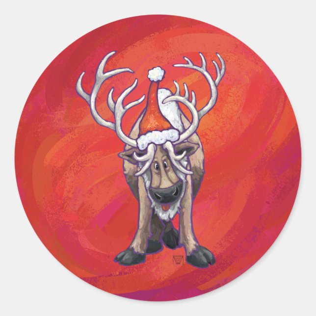 Cute Reindeer Christmas On Red Classic Round Sticker (Front)