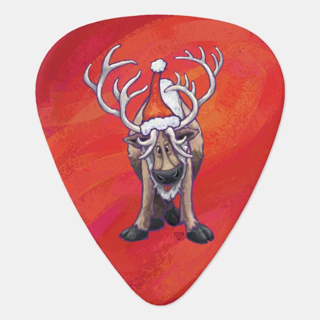 Cute Reindeer Christmas On Red Guitar Pick (Front)