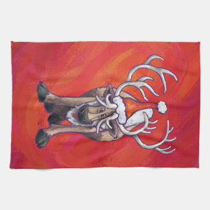 Cute Reindeer Christmas On Red Kitchen Towel
