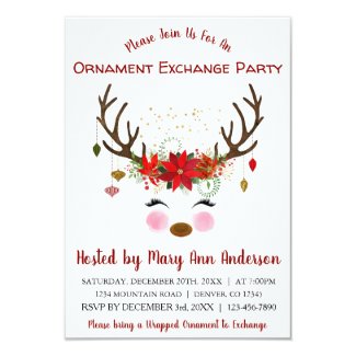 Cute Reindeer Christmas Ornament Exchange Party Card