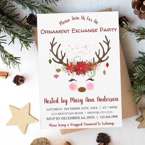 Cute Reindeer Christmas Ornament Exchange Party Invitation