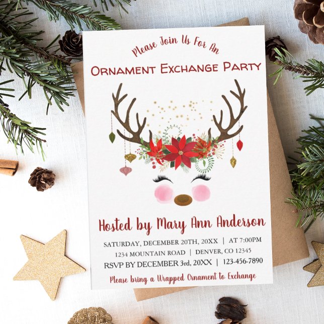 Cute Reindeer Christmas Ornament Exchange Party Invitation (Creator Uploaded)