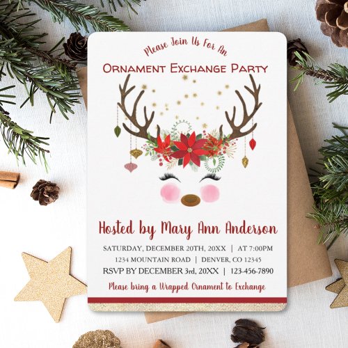 Cute Reindeer Christmas Ornament Exchange Party Invitation