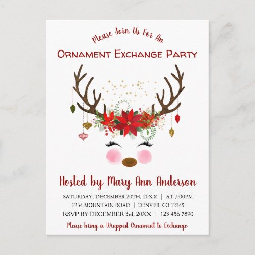Cute Reindeer Christmas Ornament Exchange Party Postcard