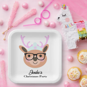 Cute Reindeer Christmas Party Scarf Hat Glasses Paper Plates