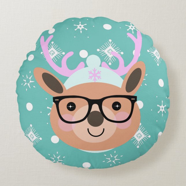 Cute Reindeer Christmas Party Scarf Hat Glasses    Round Pillow (Front)