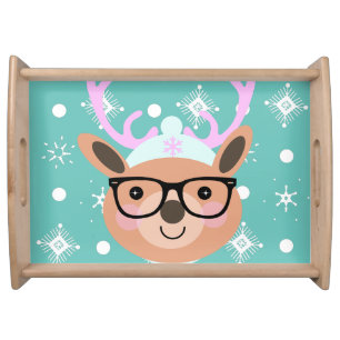 Cute Reindeer Christmas Party Scarf Hat Glasses Serving Tray