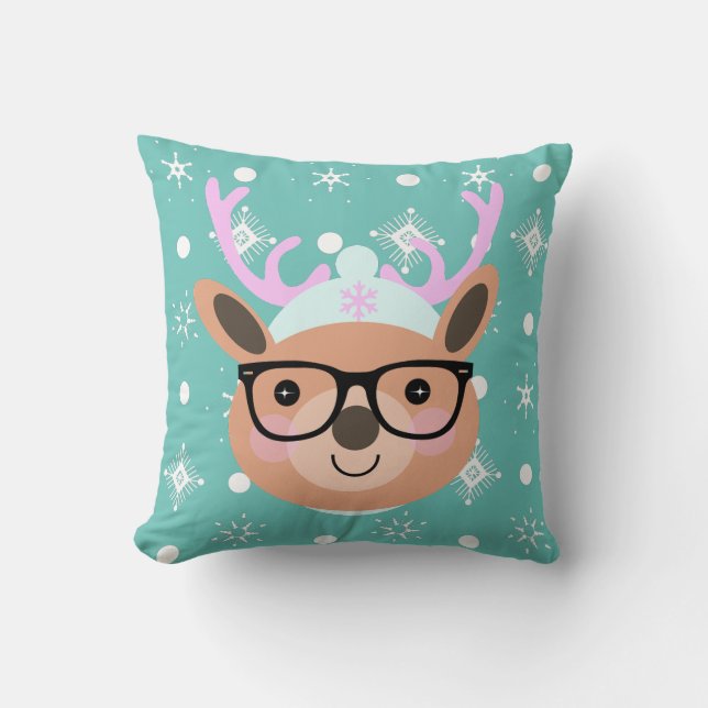 Cute Reindeer Christmas Party Scarf Hat Glasses    Throw Pillow (Front)