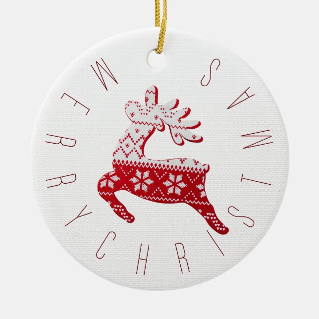 Cute Reindeer Christmas Pattern Red & White  Ceramic Ornament (Front)