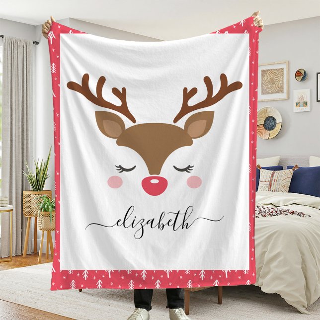 Cute Reindeer Christmas Personalized Name Fleece Blanket (Creator Uploaded)