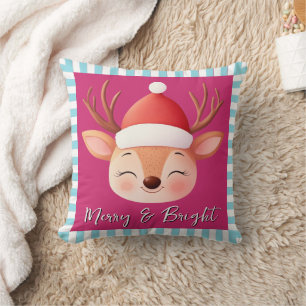 Cute Reindeer Christmas Pink & Blue Stripe Throw Pillow