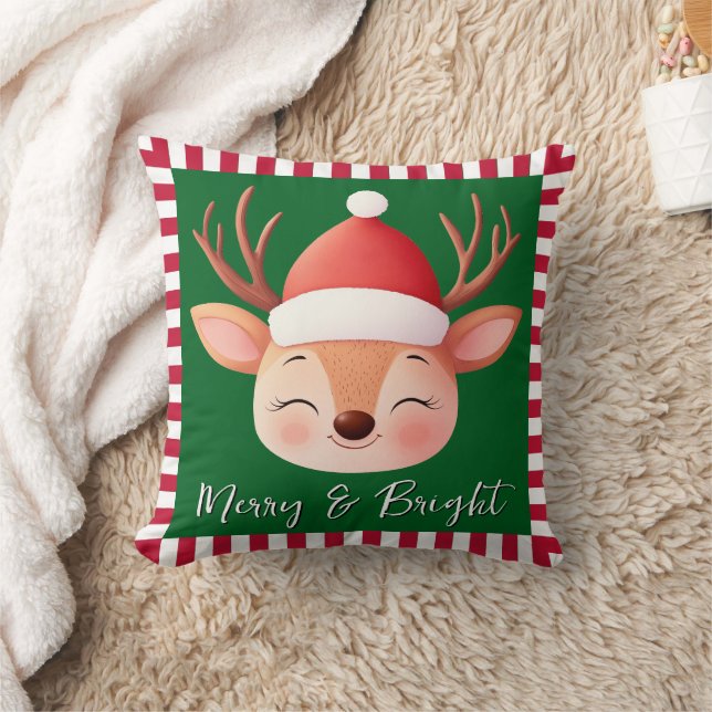 Cute Reindeer Christmas Red & Green Stripe Throw Pillow (Blanket)