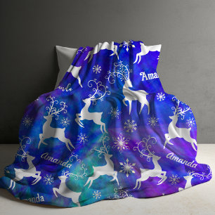 Cute reindeer Christmas repeating name colorful Fleece Blanket