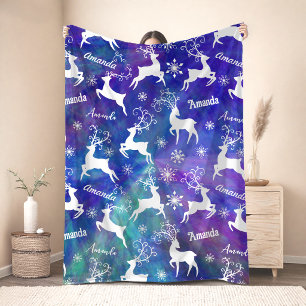 Cute reindeer Christmas repeating name colorful Fleece Blanket