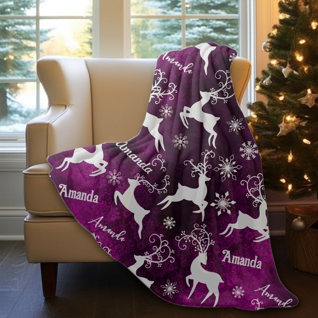 Cute reindeer Christmas repeating name purple  Fleece Blanket (Creator Uploaded)