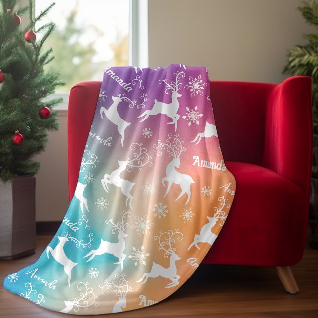 Cute reindeer Christmas repeating name rainbow  Fleece Blanket (Creator Uploaded)