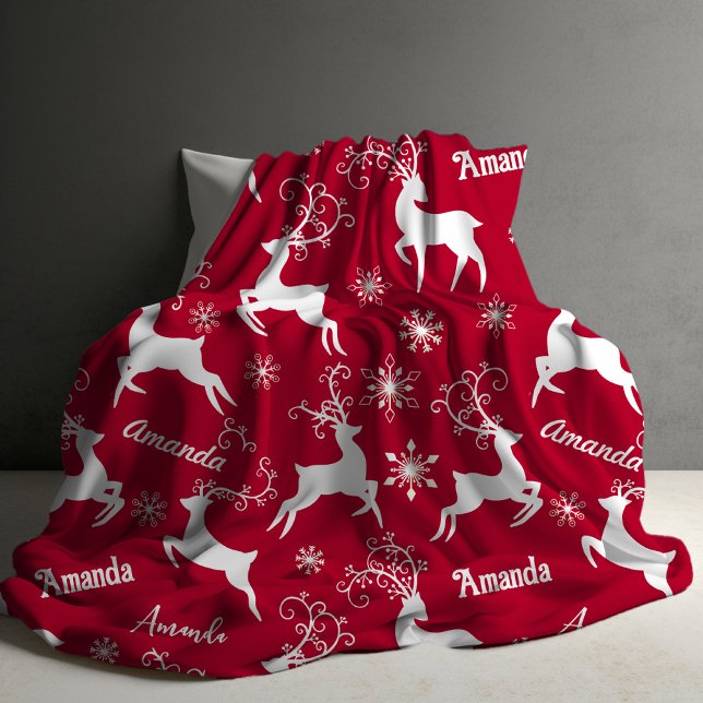 Cute reindeer Christmas repeating name red Fleece Blanket (Creator Uploaded)