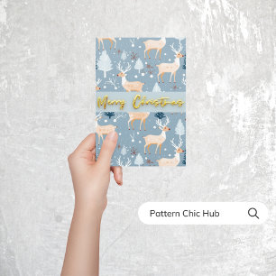 Cute Reindeer Christmas Snowflake Modern Blue Holiday Card