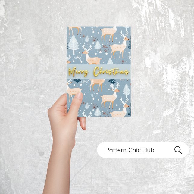 Cute Reindeer Christmas Snowflake Modern Blue  Holiday Card (Creator Uploaded)