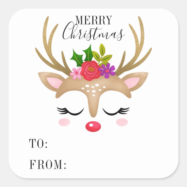 Cute Reindeer Christmas Square Sticker (Front)