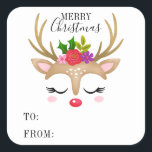 Cute Reindeer Christmas Square Sticker<br><div class="desc">A cute reindeer face decorates this square sticker with the words Merry Christmas and to: and from:. Fun for decorating Christmas gifts and holiday treat bags for neighbors. Personalize it with your name. Designed for you by Blackberry Boulevard.</div>