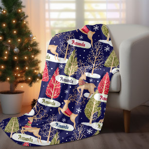Cute reindeer Christmas trees monogram blue Fleece Blanket