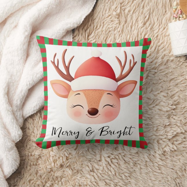 Cute Reindeer Christmas White Red & Green Stripe Throw Pillow (Blanket)