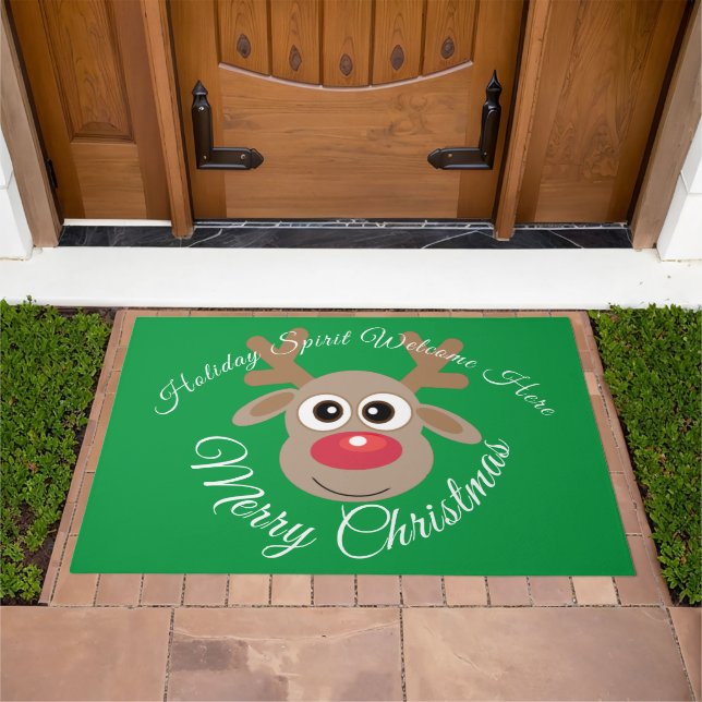 Cute Reindeer Christmas White Script Green Doormat (Outdoor)