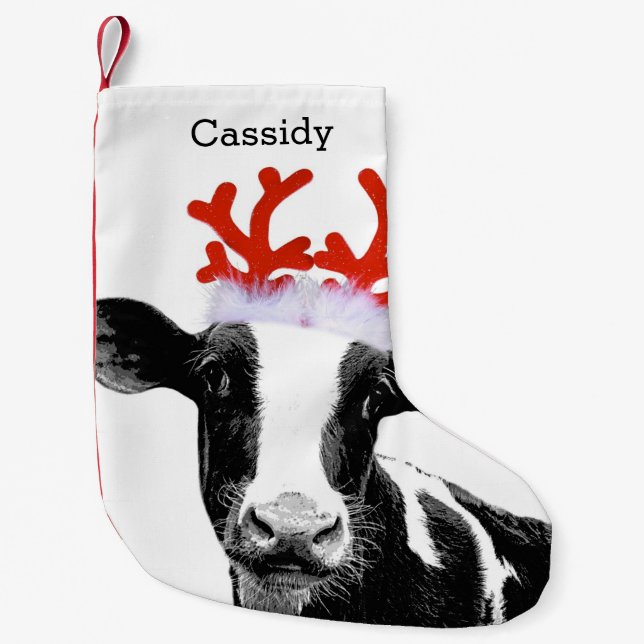 Cute Reindeer Costume Cow with Personalized Name Small Christmas Stocking (Front)