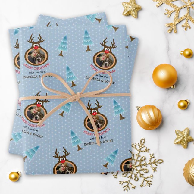 Cute Reindeer Custom Photo Frame Blue Wrapping Paper Sheets (Creator Uploaded)