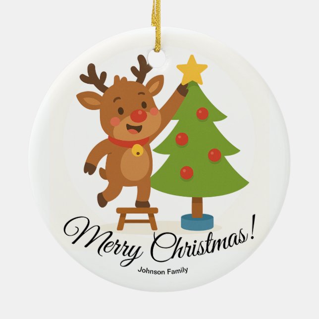 Cute Reindeer Decorating Tree Personalized Name Ceramic Ornament (Back)