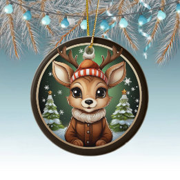 Cute Reindeer, Deer, Antlers, Doe, Fawn Xmas Snow Ceramic Ornament