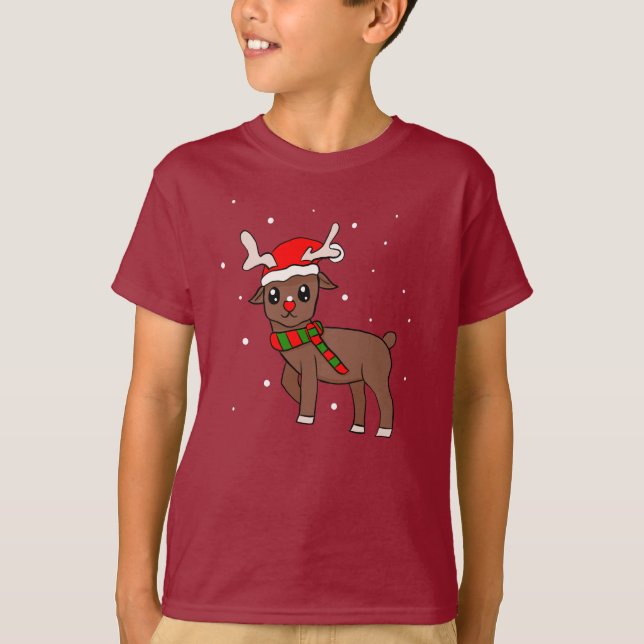 Cute Reindeer Drawing with Snowflakes Christmas T-Shirt (Front)