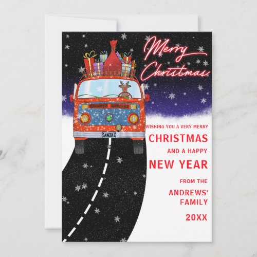 Cute Reindeer Driving Cartoon Christmas Holiday Card