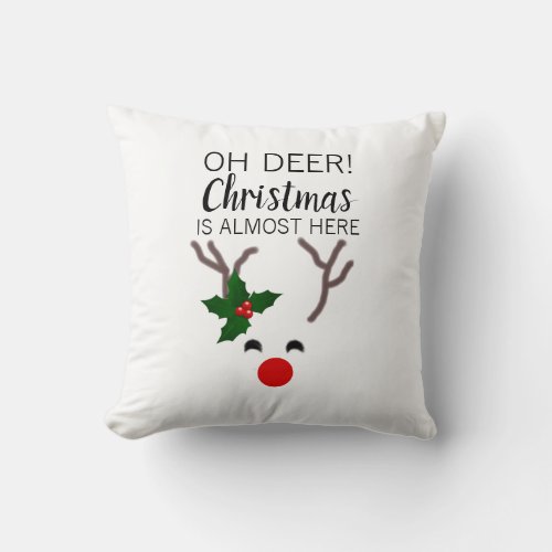 Cute Reindeer Face Christmas Holly Berry Throw Pillow