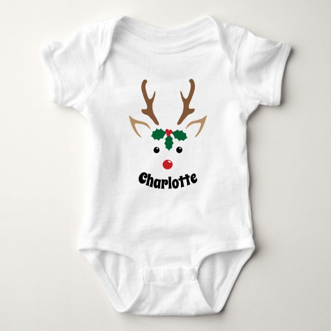 Cute Reindeer Face | Personalized Christmas Baby Bodysuit (Front)