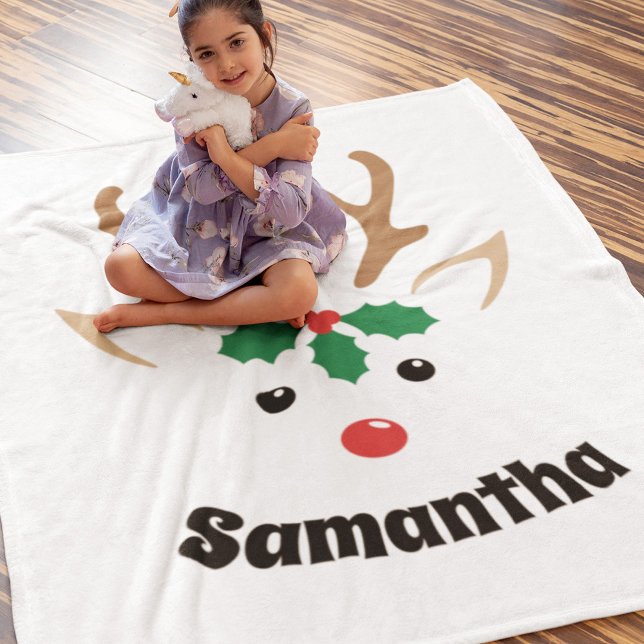 Cute Reindeer Face Personalized Christmas Blanket (Creator Uploaded)