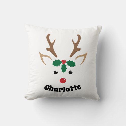 Cute Reindeer Face  Personalized Christmas Decor Throw Pillow
