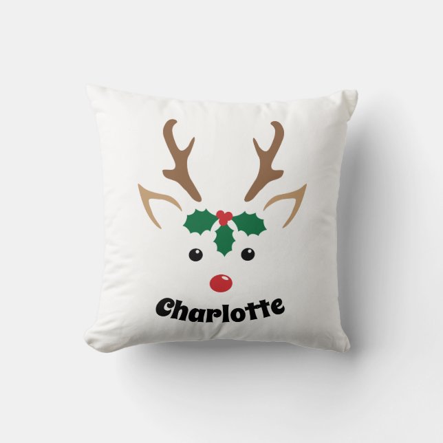 Cute Reindeer Face | Personalized Christmas Decor Throw Pillow (Front)