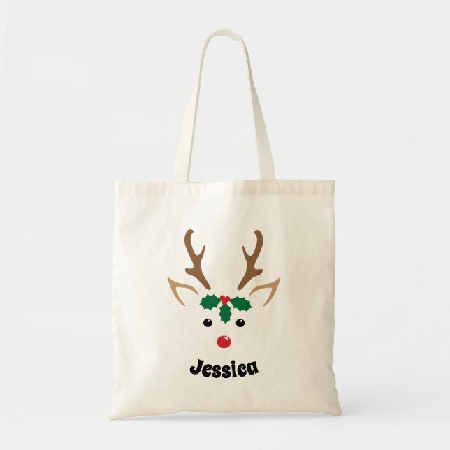 Cute Reindeer Face Personalized Christmas Tote Bag (Front)